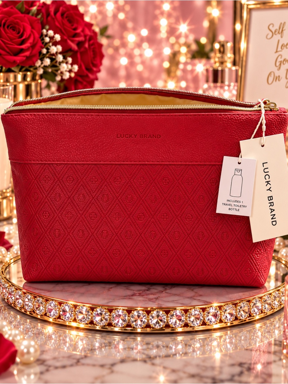 Lucky Brand Red Embossed Quilted Cosmetic Pouch with Gold Trim